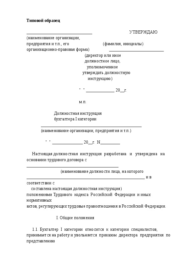 Должностная инструкция бухгалтера пример