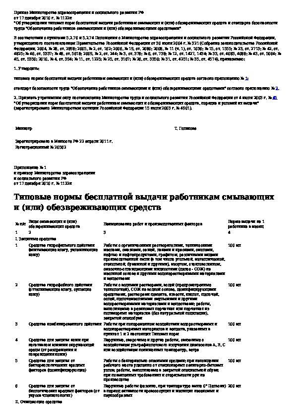 Приказ об утверждении норм бесплатной выдачи работникам смывающих и обезвреживающих средств образец